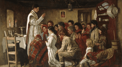 A painting of a mass in a Connemara Cabin 1883