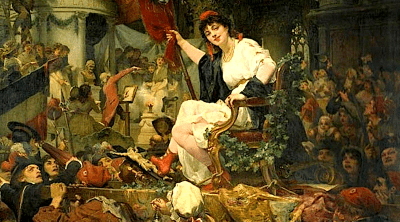 A woman on a chair surrounded by many people in a large hall