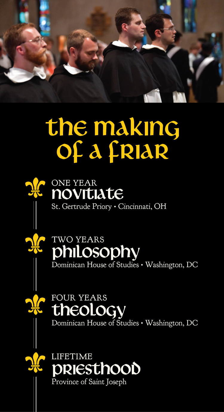 Diagram titled “The Making of a Friar” showing the formation process leading to ordination in the Dominican Order