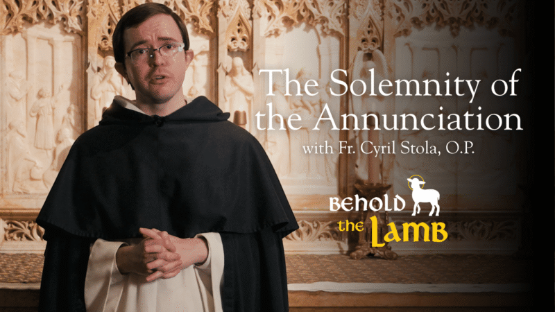 Fr. Cyril Stola, O.P., speaking on the Solemnity of the Annunciation beside him