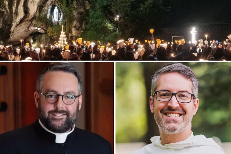 Top: Faithful pray at the Shrine of Our Lady of Lourdes. Bottom: (L-R) Father Michael Duffy is pastor of St. Agnes Cathedral and former pastor of Our Lady of Lourdes Parish in the Diocese of Rockville Centre, New York. Dominican Father Joseph-Anthony Kress serves as promoter of the Holy Rosary for the Province of St. Joseph. (photo: Courtesy photos and Shutterstock)